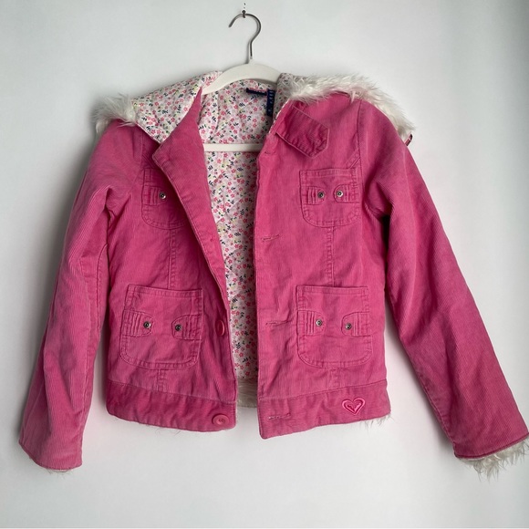 ROXY GIRL Pink Corduroy Button-up Faux Fur Hood‎ & Quilted lined Jacket - Large - Picture 1 of 9